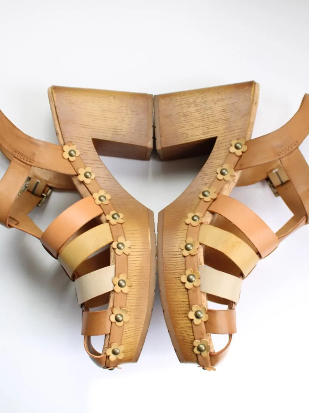 Korks Willow Floral Decal Buckle Platform Block Heel Sandals Tan Cream Size 10 - Picture 5 of 7